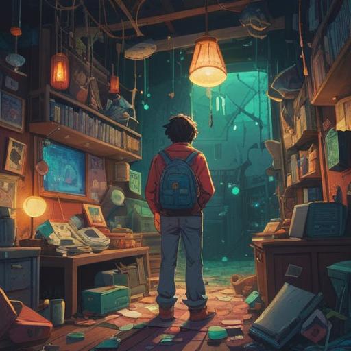 A surreal illustration of a dream sequence, a person looking distressed searching for a lost wallet, vibrant lucky items scattered around, glowing four-leaf clovers, a mysterious rabbit's foot, shimmering crystals and coins, whimsical clouds in a starry sky, imaginative dreamscape, 4k