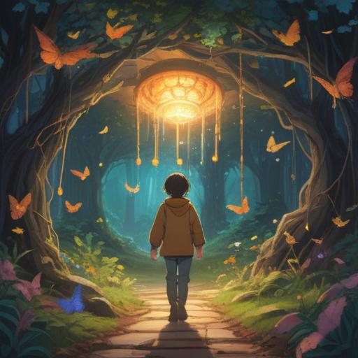 A serene landscape depicting a person releasing burdensome chains, soft golden light illuminating the scene, surrounded by ethereal butterflies symbolizing freedom, gentle waves in a tranquil river reflecting a clear blue sky, lush greenery representing growth and renewal, calming energy emanating from the atmosphere, 4k