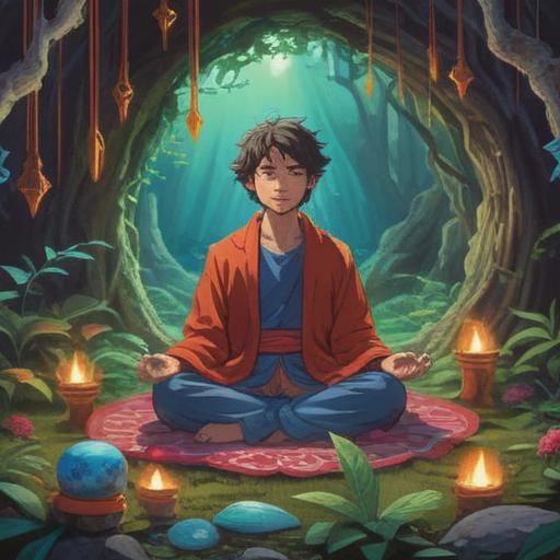 A serene spiritual scene depicting the release of guilt, a person meditating in a tranquil environment, surrounded by symbols of healing and positive energy, lucky items like crystals and feathers scattered around, gentle light illuminating the space, soft pastel colors, harmonious atmosphere, reflecting personal growth and transformation, 4k