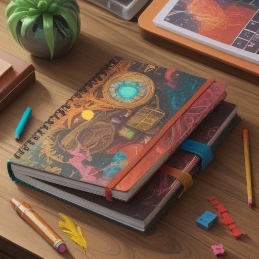 A collection of diverse items neatly organized on a wooden table, colorful notebooks, pens arranged aesthetically, a laptop displaying a presentation, a cup of coffee steaming in the corner, soft natural light illuminating the scene, harmonious and inviting atmosphere, modern workspace, 4k