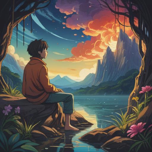 A serene and thought-provoking illustration depicting a man in deep reflection, contrasting with a woman in the background radiating positive energy, symbolic imagery of growth and enlightenment, gentle light illuminating the scene, connection between the characters emphasized, spiritual symbols subtly integrated into the environment, tranquil atmosphere, 4k