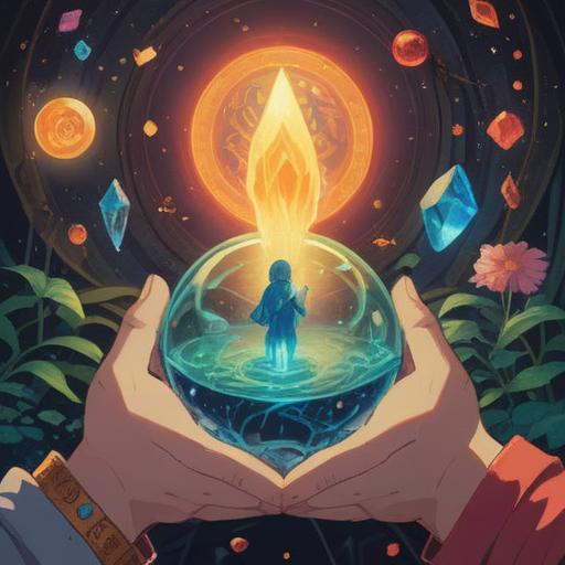 A serene and uplifting scene depicting spiritual lucky items, symbols of transformation, soft glowing light, gentle hands holding a crystal, vibrant colors emanating hope, harmonious atmosphere, blooming flowers surrounding the items, 4k