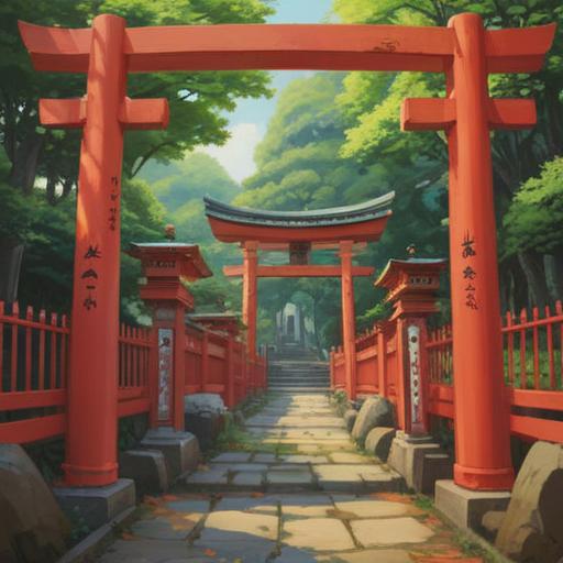 A serene and mystical landscape featuring the Most Sacred Inari Shrine, adorned with vibrant red torii gates, lush greenery surrounding the shrine, a tranquil fox spirit symbolizing protection and prosperity, mist gently enveloping the scene, ethereal light filtering through the trees, spiritual essence radiating from the shrine, harmonious atmosphere, detailed depiction of traditional Japanese architecture, 4k