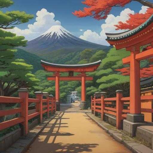 A serene landscape featuring the majestic Mount Inari, lush greenery surrounding the shrine, vibrant red torii gates leading up to the mountain, peaceful atmosphere, symbolic fox statues, soft sunlight filtering through the trees, representation of spiritual signs and blessings, harmonious connection with nature, bright colors, inviting and uplifting scene