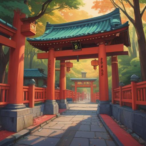 A serene scene at the Motomachi Inari Shrine, vibrant red torii gates, mystical atmosphere, gentle whispers of nature, spiritual symbols scattered throughout, a visitor observing glowing orbs, hints of divine presence, lush greenery, ethereal light filtering through trees, 4k