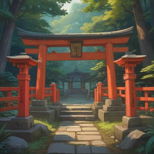 A serene illustration of the Motogami Inari Shrine, vibrant red torii gates, lush greenery surrounding the shrine, spiritual atmosphere, lucky charms displayed prominently, people offering prayers, soft sunlight filtering through trees, tranquil and uplifting mood, rich details, 4k