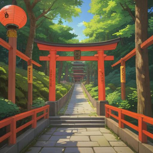 A serene illustration of a tranquil visit to the Motomachi Inari Shrine, lush greenery surrounding the shrine, gentle sunlight filtering through the trees, people meditating and reflecting, peaceful atmosphere, harmonious connection with nature, symbolic Torii gates leading to spiritual fulfillment, soft reflections on a nearby pond, 4k