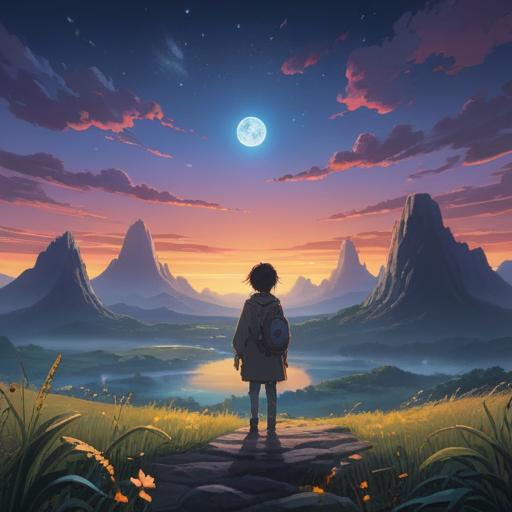 A serene and mystical landscape, a lone figure observing the horizon, ethereal lights in the sky, symbolic signs appearing in nature, tranquil atmosphere, deep connection to spirituality, soft flowing water, lush greenery surrounding, 4k