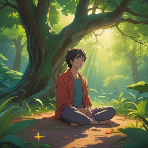 A serene spiritual scene, a person meditating peacefully under a tree, soft sunlight filtering through the leaves, gentle aura surrounding them, symbols of tranquility and inner peace, nature elements like flowers and birds, ethereal atmosphere, calming colors, 4k