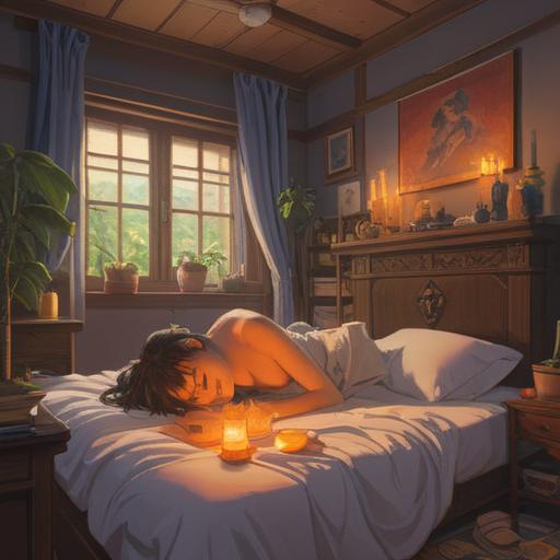 A serene bedroom scene, a person lounging comfortably with closed eyes, surrounded by calming essential oils and aromatic candles, soft golden light filtering through the window, a hint of tranquil plants in the background, the scent of lavender and chamomile in the air, peaceful ambiance, relaxation and comfort, 4k