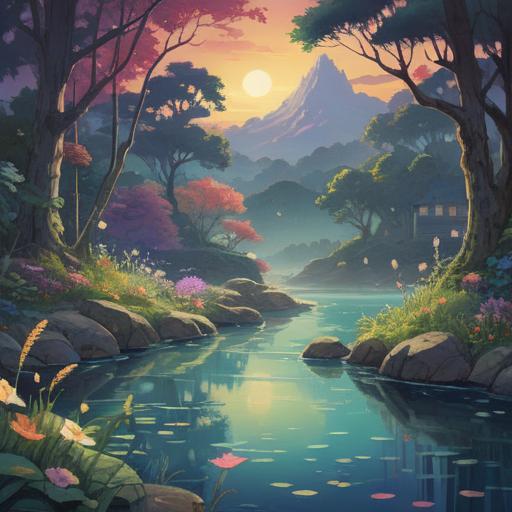 A serene and ethereal landscape, soft glowing light, gentle flowing water, symbolic representations of healing, mystical herbs and flowers, a peaceful figure meditating, surrounded by nature's beauty, representing vulnerability and spiritual awakening, calming atmosphere, uplifting energy, 4k