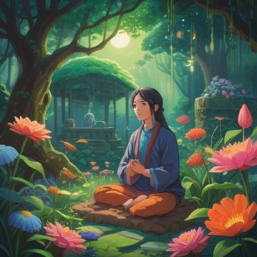 A serene and calming illustration representing spiritual signs of well-being, a person meditating in a peaceful garden, surrounded by vibrant flowers and gentle sunlight, ethereal glow around the figure, symbols of healing energy in the air, soft flowing water nearby, a sense of tranquility and balance, harmonious colors, conveying positive energies, natural elements, 4k