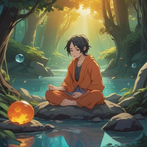 A serene and calming illustration of selecting a lucky stone for emotional healing, showcasing a person peacefully meditating in a tranquil environment surrounded by various colorful stones, gentle sunlight filtering through trees, emphasizing the warmth and positive energy of the lucky stones, harmonious colors, soothing atmosphere, 4k
