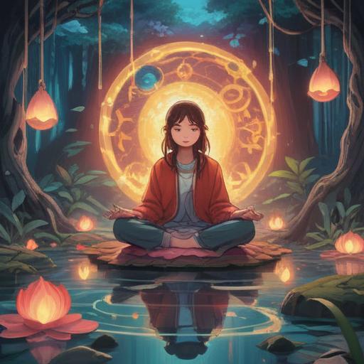 A serene and mystical illustration, a person meditating peacefully, surrounded by floating dream-like symbols, soft ethereal light illuminating the scene, calming colors, an aura of tranquility, celestial elements, mystical vibes, representation of spiritual awakening, 4k