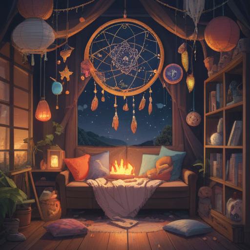 A whimsical illustration of a cute character surrounded by various lucky items, featuring oversized pillows, sparkling dreamcatchers, and glowing stars, a cozy bedroom setting, soft pastel colors, gentle lighting, a sleepy atmosphere, playful and imaginative elements, 4k