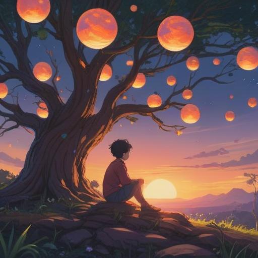 A tranquil scene depicting a person sitting under a large tree, surrounded by soft, glowing orbs of light, reflecting introspection and spiritual awakening, a gentle breeze stirring the leaves, symbols of motivation and energy subtly integrated into the surrounding nature, serene atmosphere, harmonious colors, peaceful expression, 4k