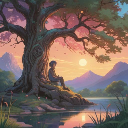 A mystical landscape depicting a person sitting under a serene tree, surrounded by gentle light, symbols of renewal and growth, soft pastel colors, a subtle aura representing spirituality, peaceful expression, hints of nature and tranquility, finding inspiration and motivation, 4k