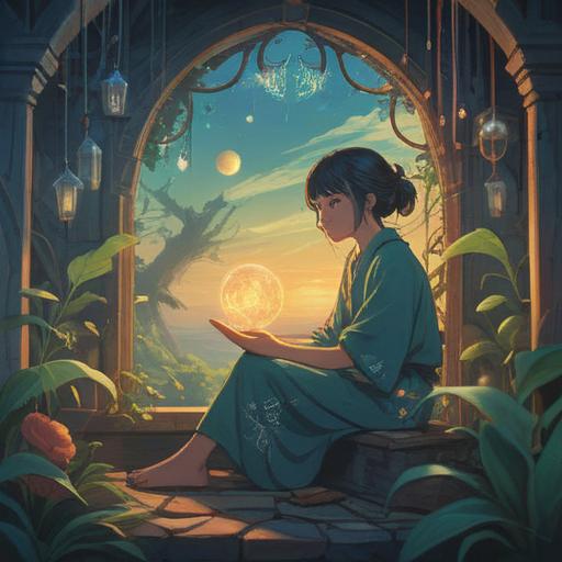A serene and calming illustration depicting a person sitting in a tranquil environment, surrounded by gentle light and ethereal symbols, soft wisps of energy in the air, various spiritual signs like feathers, butterflies, and vibrant colors, expressive facial features showing contemplation, a peaceful garden setting, lush greenery, gentle breeze, inviting atmosphere, harmonious balance, 4k