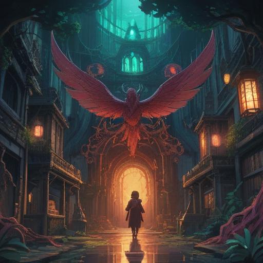 A mystical representation of a tragic event, symbolic elements intertwined, ethereal light illuminating darkness, a journey of transformation and growth, spiritual awakening depicted through nature, contrasting emotions of despair and hope, deep colors blending harmoniously, 4k