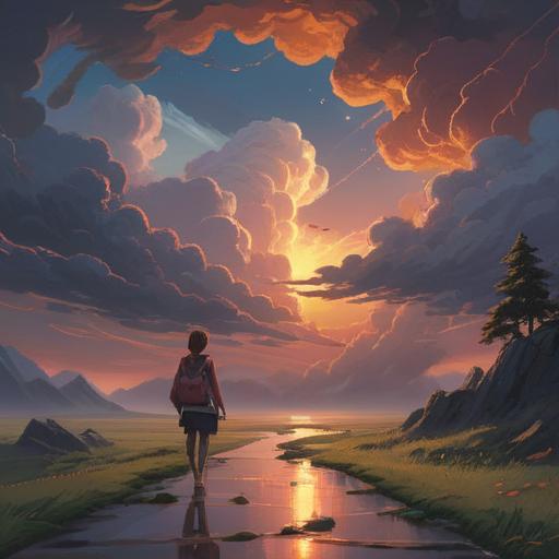 A dramatic scene depicting a stormy sky transitioning to a serene sunrise, symbolic elements representing transformation, a winding path reflecting the journey through challenges, blooming flowers emerging from cracked ground, ethereal light illuminating the landscape, a figure in contemplation, suggesting hope and resilience, 4k