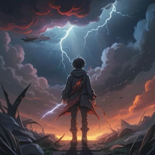 An illustration depicting a person surrounded by dark clouds, lightning striking nearby, a bright light shining through, symbolic spiritual signs like feathers and butterflies appearing, a sense of urgency and reflection, contrasting emotions of fear and hope, intricate details, vivid colors, 4k