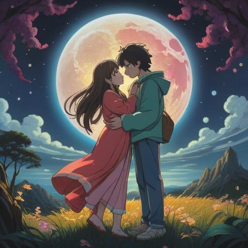 A serene illustration capturing the essence of spiritual significance during times of reunion, two figures embracing warmly under a glowing full moon, surrounded by ethereal lights and gentle wisps of energy, symbolic elements like doves and lotus flowers representing peace and growth, tranquil landscape with soft hills and a starlit sky, harmony and connection depicted through flowing lines, 4k