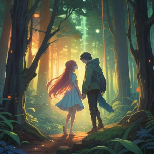 A surreal illustration depicting a mystical forest, ethereal lights floating around, two figures joyfully embracing in the foreground, gentle beams of sunlight filtering through the trees, symbols of spiritual signs like feathers and orbs, a sense of harmony and connection, vibrant colors, 4k