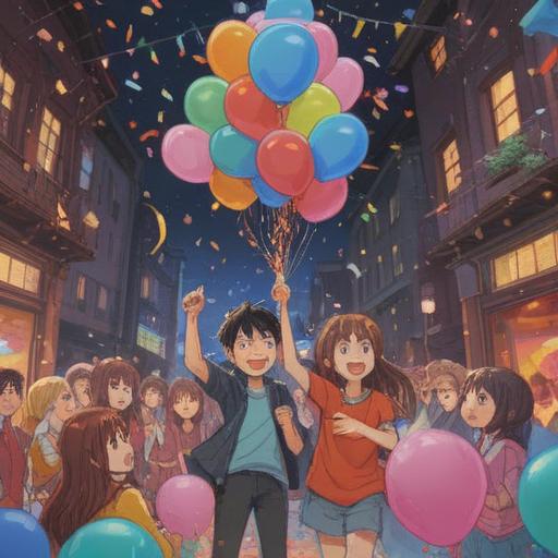 A vibrant scene depicting a celebratory reunion, featuring joyful characters embracing in a lively environment, surrounded by confetti and balloons, showcasing diverse groups of friends, bright smiles, engaging interactions, a sense of happiness and togetherness, vivid colors, festive atmosphere, 4k
