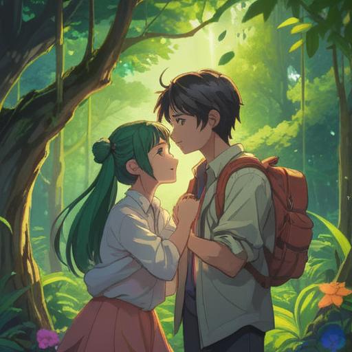 A serene scene depicting two friends embracing after a long separation, their faces radiating joy and relief, warm sunlight filtering through lush green trees, soft expressions conveying deep emotions, a sense of tranquility and anticipation in the air, gentle breeze adding to the heartfelt atmosphere, 4k