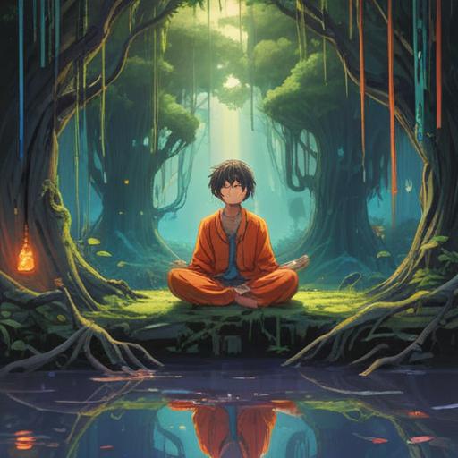 A spiritual reflection on the experience of being scammed, a surreal landscape representing lost trust, a figure meditating amidst broken chains, ethereal lights symbolizing awareness and healing, contrasting shadows representing deception and vulnerability, a journey towards self-discovery, vibrant yet somber palette, 4k