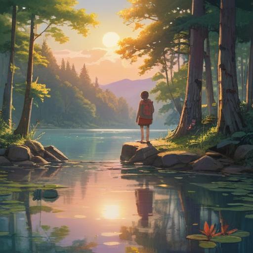 A serene and introspective scene, a person reflecting by a calm lake, surrounded by gentle nature, soft sunlight filtering through trees, a journal open with notes about learning from deception, warm colors evoking a sense of healing and tranquility, a path leading to a brighter future, thoughtful expressions, 4k