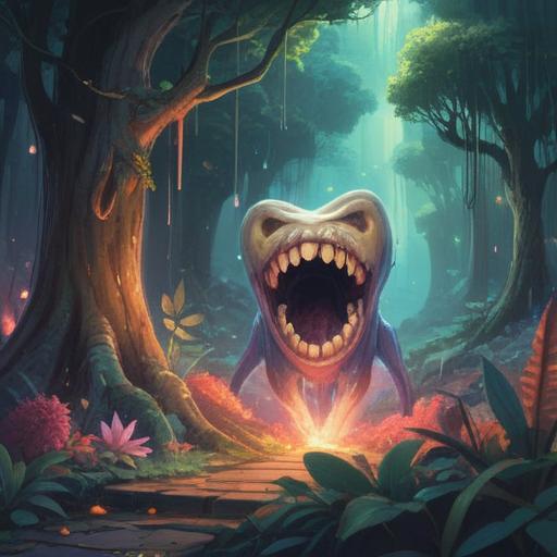 A spiritual representation of a tooth falling out, symbolizing positive transformation, vibrant energy surrounding the area, light beams illuminating the scene, a serene atmosphere with gentle nature in the background, an aura of hope and renewal, ethereal colors, a calm and uplifting mood, 4k