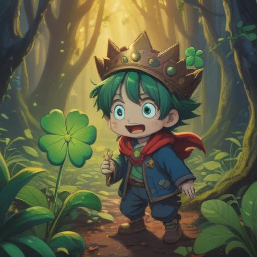 A humorous cartoon scene, a surprised character with a missing dental crown, holding a four-leaf clover in one hand, surrounded by comically exaggerated lucky symbols like horseshoes and rabbits' feet, vibrant colors, lively expression, playful atmosphere, whimsical setting, engaging composition