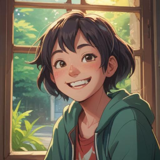 A person smiling confidently, showcasing a gap-toothed smile, bright and cheerful atmosphere, sunlight streaming through a window, positive energy radiating from the subject, symbolic representation of transformation, unity and resilience, engaging background elements, vibrant colors, uplifting mood, 4k