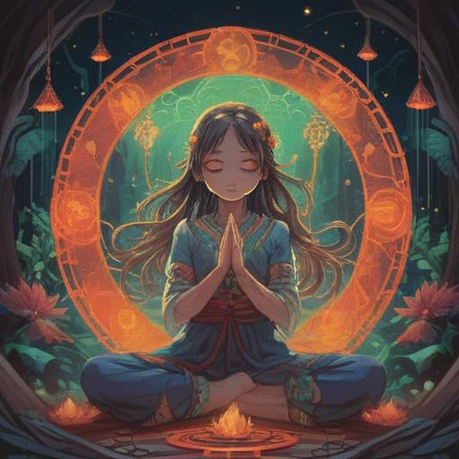 A mystical and ethereal illustration depicting the theme of spiritual signs related to left arm pain, a serene figure meditating with a gentle glow around the left arm, symbolic representations of warning signs floating in the air, soft colors and dreamlike atmosphere, nature elements surrounding the figure, detailed expressions of calmness and awareness, 4k