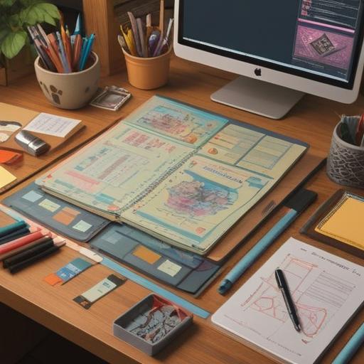 A collection of various items neatly organized on a desk, colorful sticky notes with bullet points, a laptop displaying a document with charts, a cup of coffee beside a pen and notepad, bright sunlight streaming through a window, cozy and productive atmosphere, clear and concise information presentation, 4k