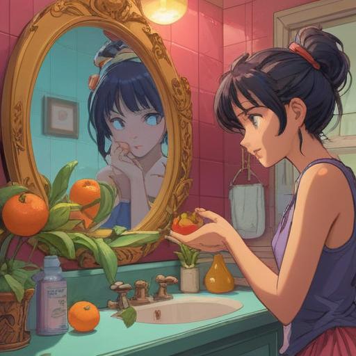 A young person examining their skincare routine in a bright bathroom, vibrant fruit and vegetables on the counter, a mirror reflecting a clear face, organized skincare products, a feeling of determination and hopefulness, well-lit space, serene atmosphere, revealing lifestyle changes, 4k