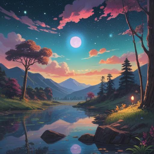 A serene and mystical landscape, glowing symbols in the sky, a tranquil river reflecting the stars, ethereal beings guiding the way, vibrant colors, sense of peace and connection, nature and spirituality intertwined, 4k