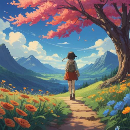 A serene landscape depicting a transformative journey, vibrant colors, uplifting scenery with blooming flowers, a clear sky symbolizing hope, a winding path leading towards a bright horizon, gentle sunlight illuminating the scene, sense of renewal and positivity, calm atmosphere, 4k