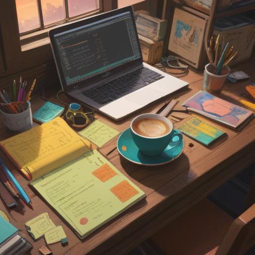 A visual summary of ideas, organized notes scattered on a wooden desk, colorful sticky notes, a cup of coffee, a laptop with charts, bright sunlight streaming through the window, warm and inviting atmosphere, focus on clarity and collaboration, 4k