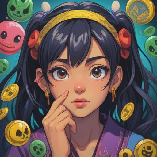 A whimsical scene depicting a person scratching their left eyebrow, surrounded by lucky charms and good fortune symbols, bright colors, playful atmosphere, a blend of everyday life and magical elements, vibrant background with sparkles and light, emphasizing the concept of luck, detailed character expression, 4k