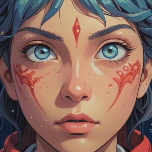 A spiritual and mystical representation, a close-up of a person's face highlighting a pimple above the left eyebrow, surrounded by soft, glowing energy, symbolic elements like light orbs and ethereal patterns, conveying a sense of positivity and inner growth, serene expression, harmonious colors, 4k