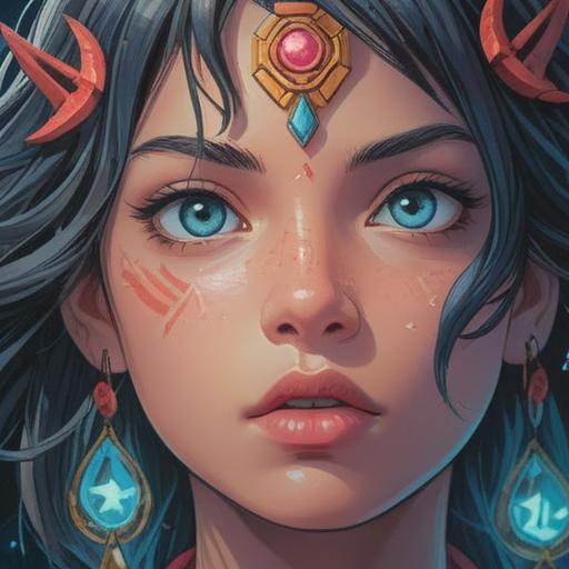 A close-up illustration of a person's face with a prominent pimple above the left eyebrow, surrounded by mystical symbols and ethereal light, highlighting spiritual signs and energies, calm expression, soft focus, vibrant colors, detailed skin texture, meaningful context, 4k