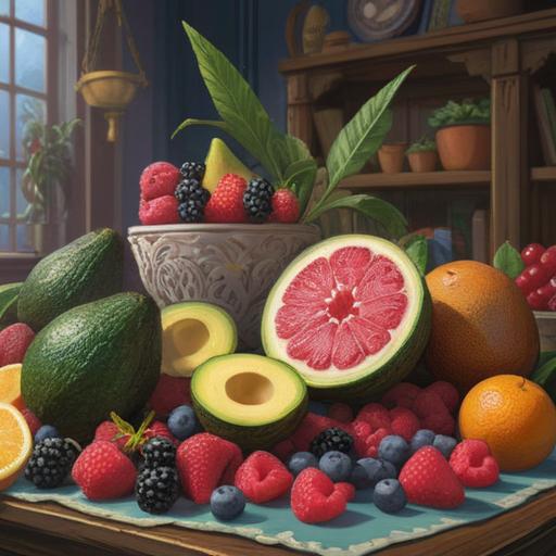 A vibrant still life arrangement, featuring a variety of food items known for their skin benefits, colorful fruits like berries and avocados, healthy snacks such as nuts and seeds, a clear glass of water, soft natural lighting, emphasizing freshness and vitality, inviting and cheerful atmosphere, detailed textures of the food, 4k