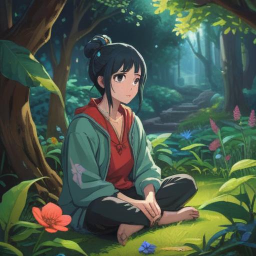 A person sitting in a tranquil garden, lightly scratching their left eyebrow, surrounded by ethereal light, symbolic elements representing spirituality, serene expression, nature's beauty, colorful flowers, calming atmosphere, mystical aura, soft focus, 4k