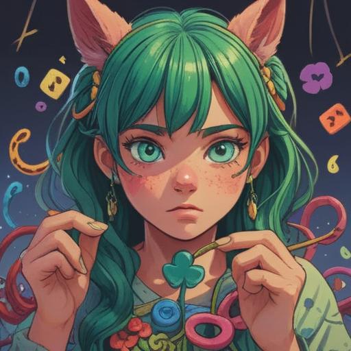 A whimsical illustration of a person scratching their left eyebrow, surrounded by lucky charms such as four-leaf clovers and horseshoes, a bright and cheerful atmosphere, cartoonish style, vibrant colors, playful expressions, detailed background showcasing a sunny day, good fortune symbols, 4k