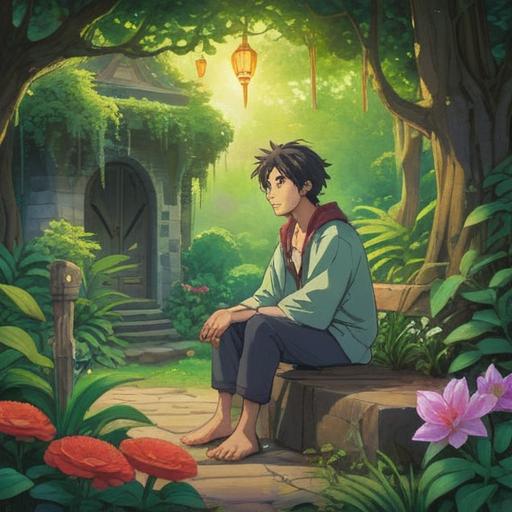 A thoughtful man sitting in a serene garden, left side highlighted with soft light to symbolize spiritual awareness, surrounded by nature's beauty, meditative pose, gentle breeze rustling the leaves, deep contemplation, vibrant flowers representing renewal, a subtle glow around him, emphasizing positive energy and enlightenment, tranquil atmosphere, 4k