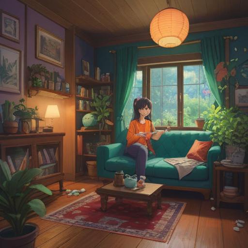 A cozy living room scene, featuring a person relaxing with a soothing herbal tea, surrounded by various lucky charms like a small jade plant, a lucky cat figurine, and a colorful dream catcher, warm lighting, inviting atmosphere, elements promoting comfort and relaxation, soft textures, 4k