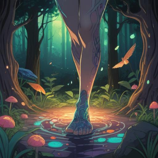 A mystical and serene illustration, focusing on the sole of a left foot, surrounded by ethereal symbols and glowing patterns, nature elements like flowers and trees in the background, representing spirituality and grounding, harmonious color palette, tranquil atmosphere, intricate detailing, 4k