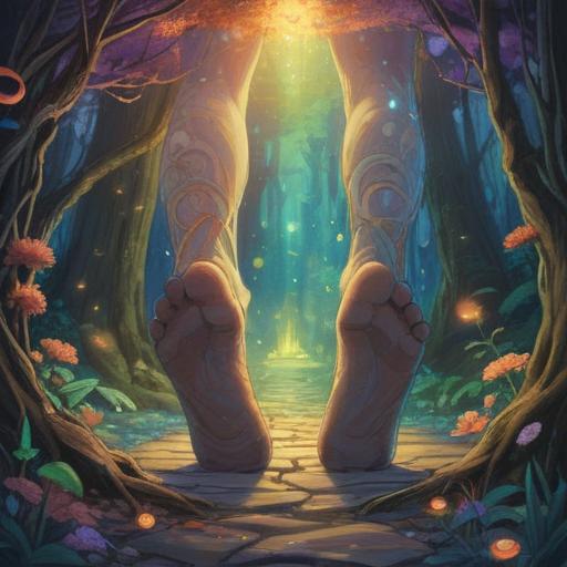 A spiritual illustration depicting the awareness of unusual sensations in the left foot, symbolic elements representing intuition and sensitivity, ethereal light surrounding the foot, interconnected energies, abstract patterns symbolizing spiritual growth, calming environment, vibrant colors, serene and enlightening atmosphere